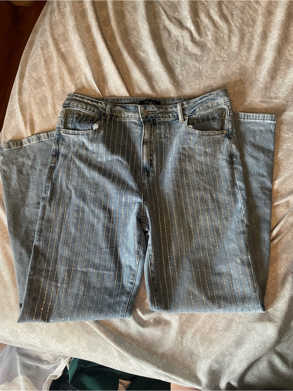 AKIRA Light Blue Denim Jeans bedazzled Stitching